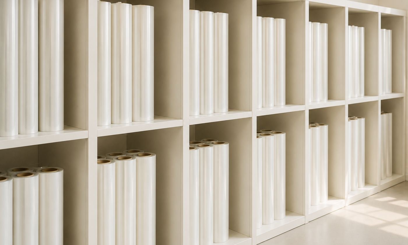 Film rolls racked in a clean, orderly store