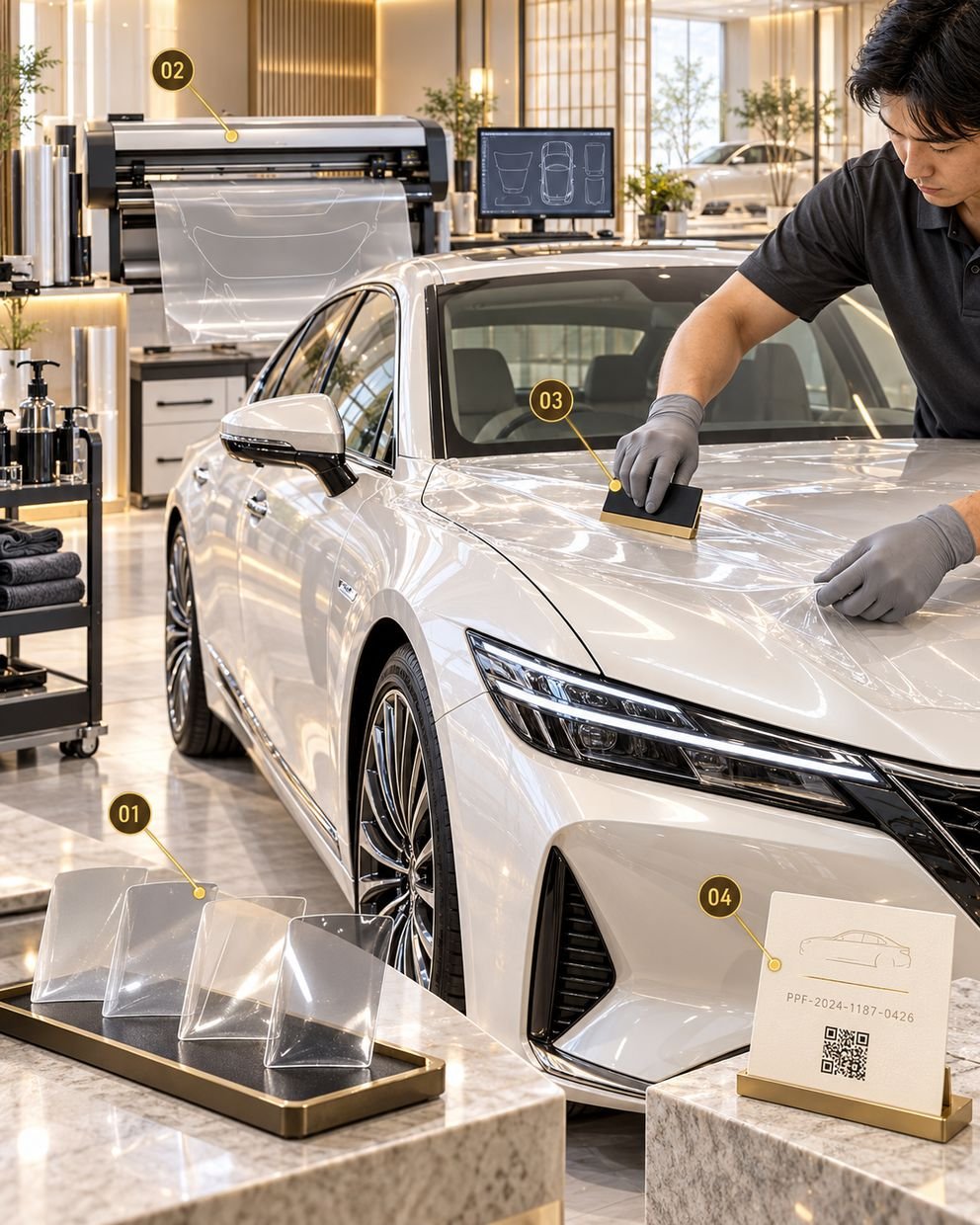 An installation bay: pre-cut film pieces on a tray, a plotter cutting a pattern, an installer squeegeeing film onto the bonnet and a printed certificate card, each marked 01 to 04