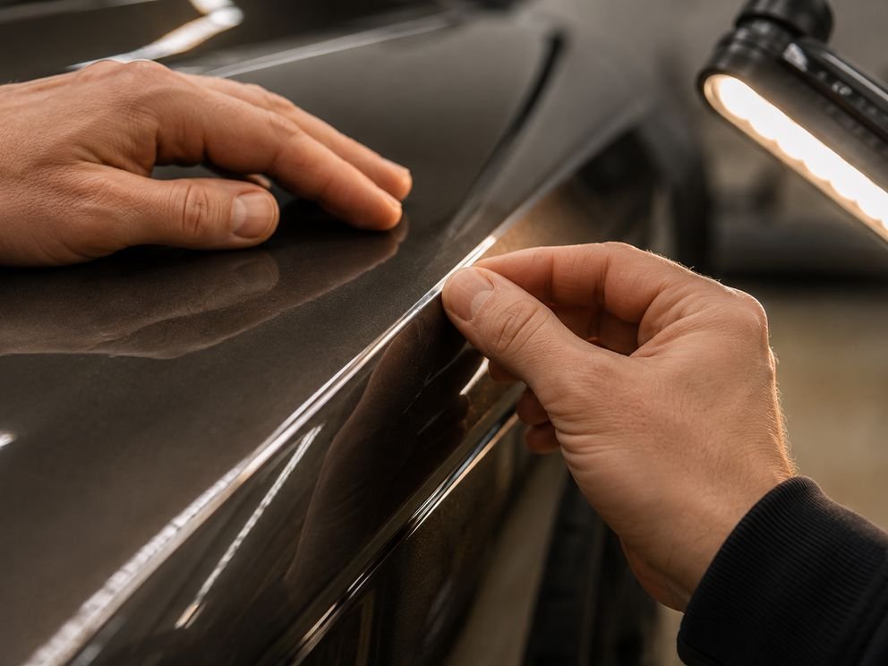 An installer checking a finished edge under a work lamp