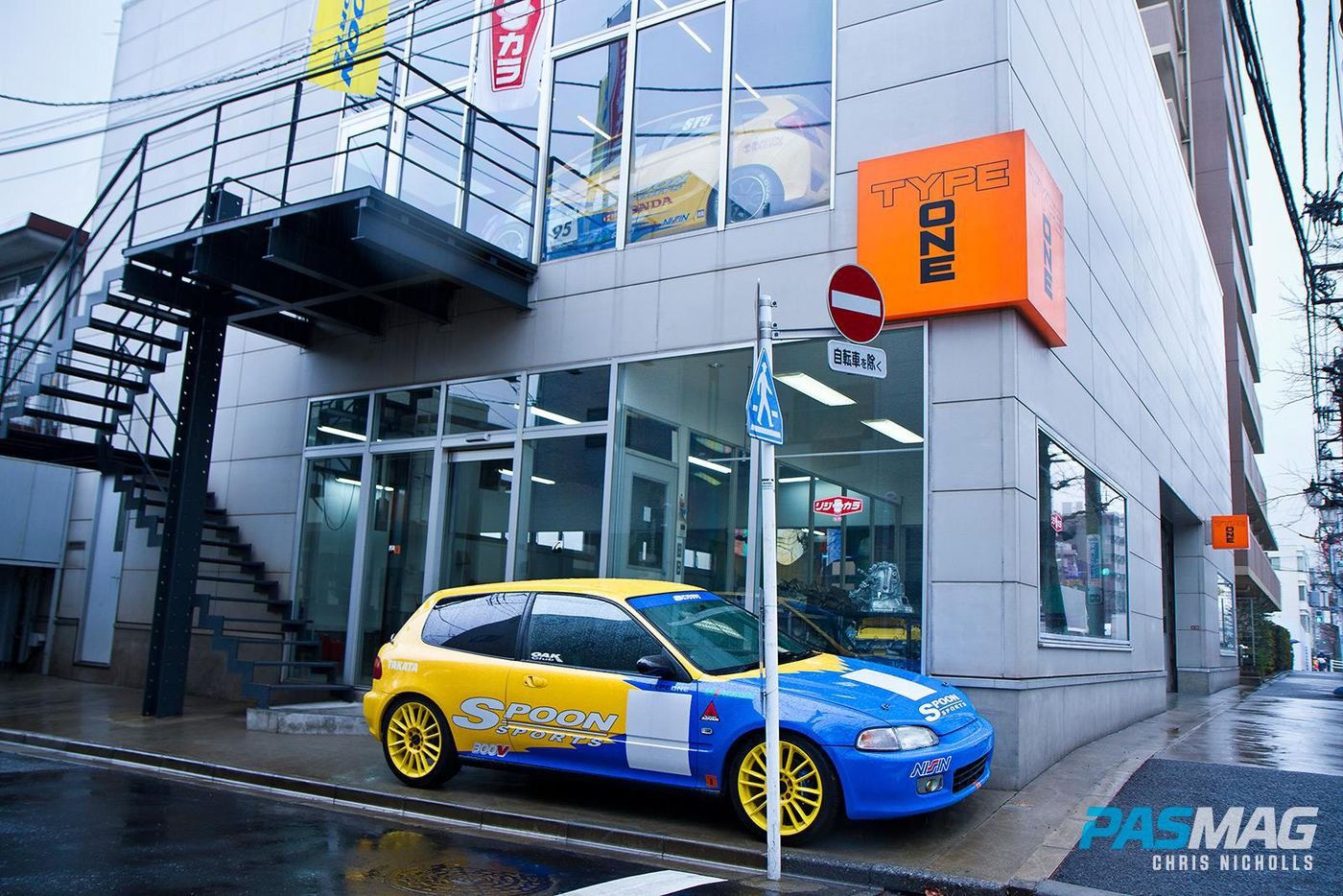 A Spoon Sports Civic outside Type One in Tokyo